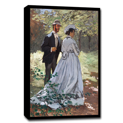 A printed art piece featuring two individuals in 19th-century clothing, standing in an outdoor setting with trees and foliage in the background.