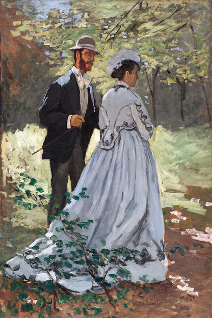 A printed art piece featuring two individuals in 19th-century clothing, standing in an outdoor setting with trees and foliage in the background.
