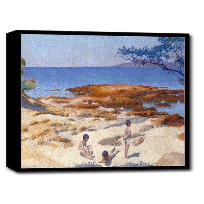 A printed art piece depicting a beach scene with figures, printed with a black border around it.