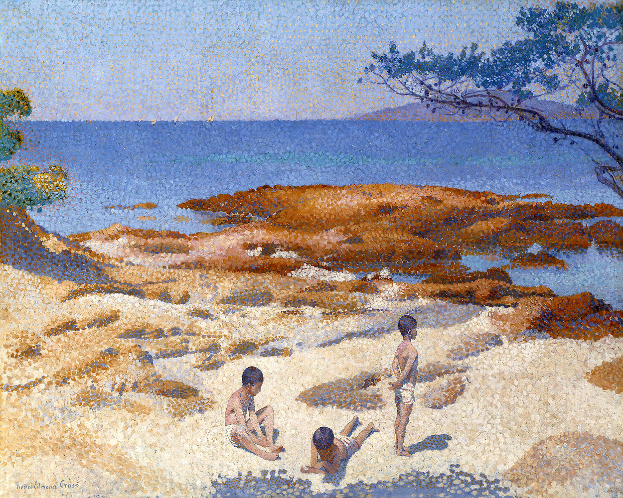 A printed art piece depicting a beach scene with figures, printed with a black border around it.