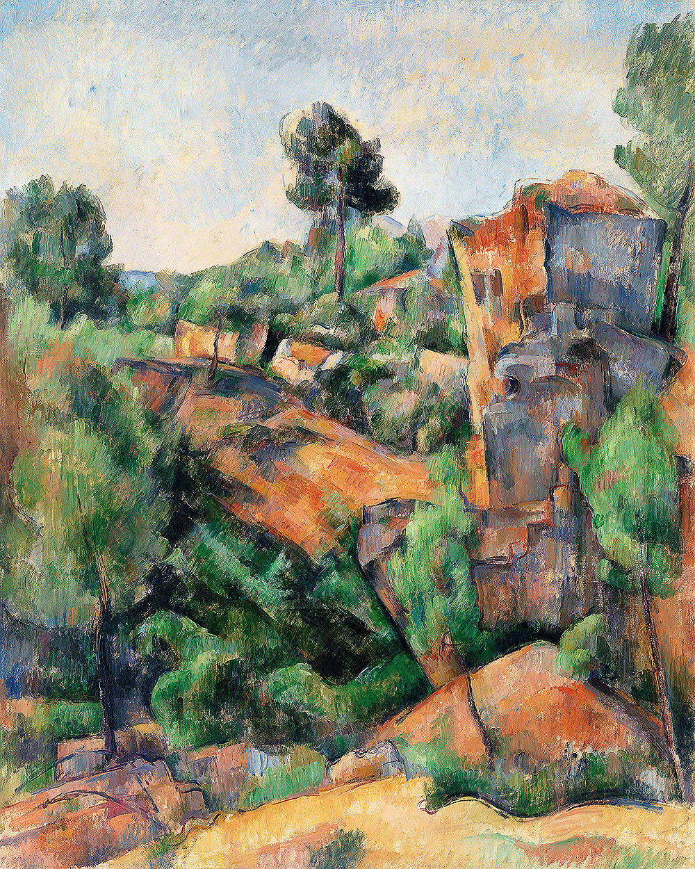 Painting of a landscape with rocks, trees, and a clear sky by Paul Cézanne.
