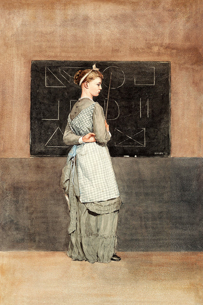 A framed print of a painting depicting a woman standing in front of a blackboard with geometric equations written on it. She is wearing a grey, Victorian-style dress.