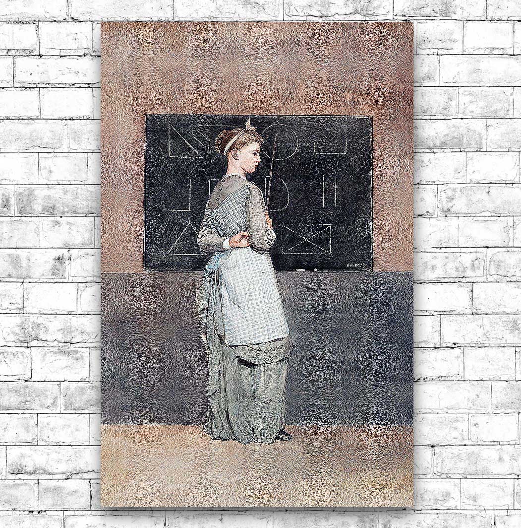 A framed print of a painting depicting a woman standing in front of a blackboard with geometric equations written on it. She is wearing a grey, Victorian-style dress.