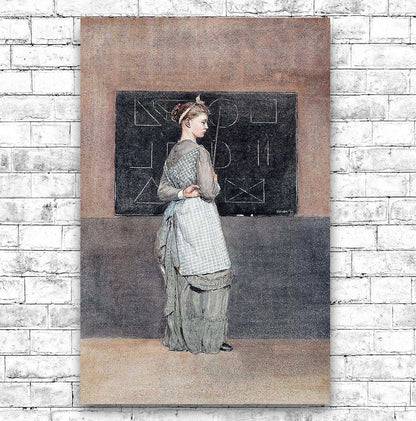 A framed print of a painting depicting a woman standing in front of a blackboard with geometric equations written on it. She is wearing a grey, Victorian-style dress.