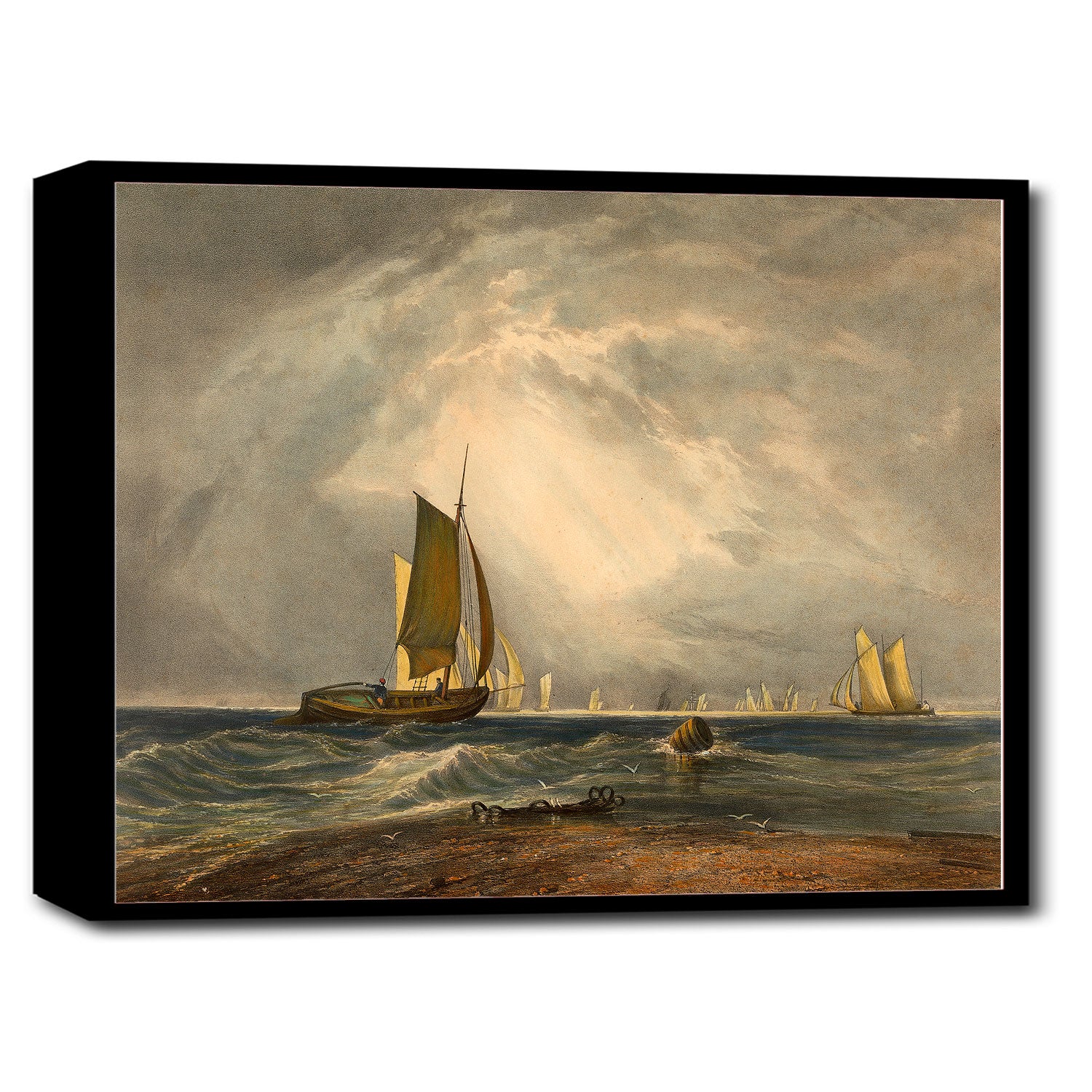 A framed print depicting a landscape with sailing ships on the sea, titled 'Bligh Sands' by J.M.W. Turner.
