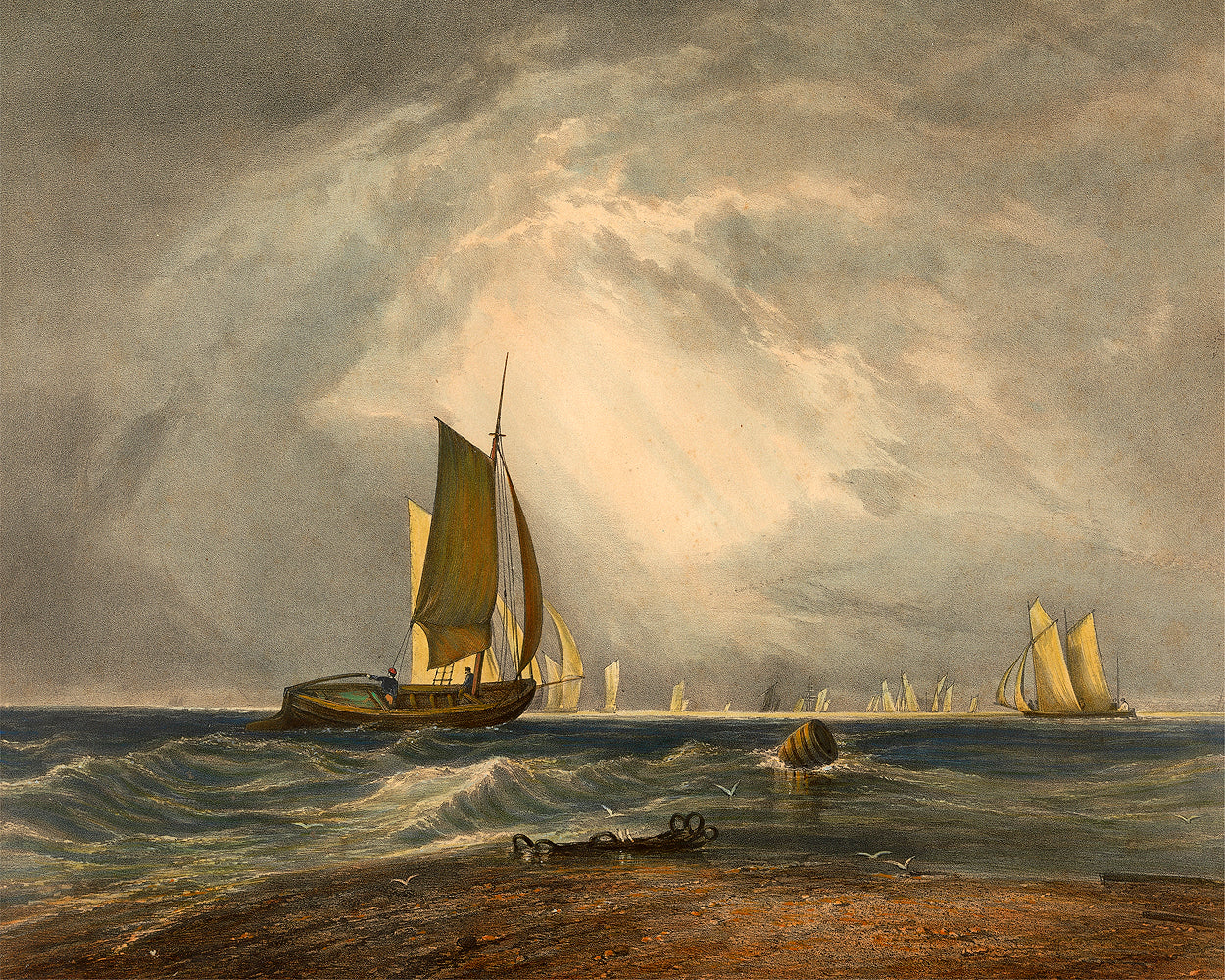 A framed print depicting a landscape with sailing ships on the sea, titled 'Bligh Sands' by J.M.W. Turner.