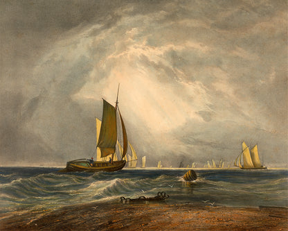 A framed print depicting a landscape with sailing ships on the sea, titled 'Bligh Sands' by J.M.W. Turner.