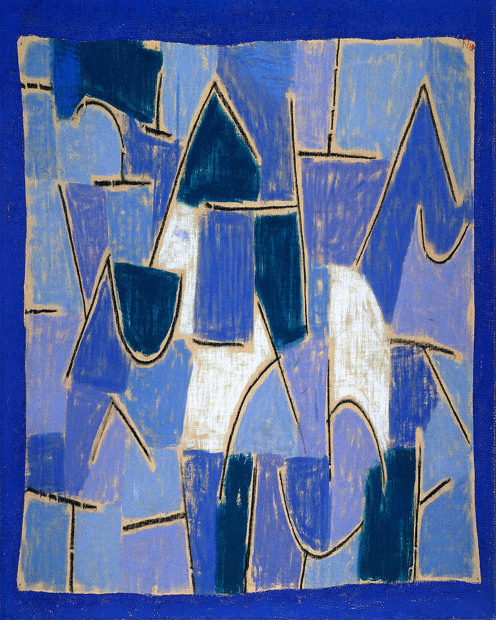 A framed artwork featuring an abstract design with various shades of blue, white, and gold, bordered in black.