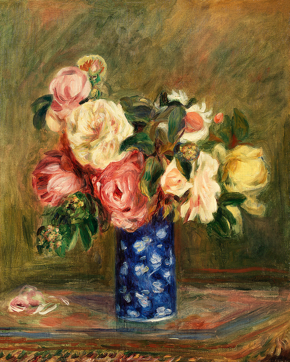 Vase with flowers on a table against a brown background
