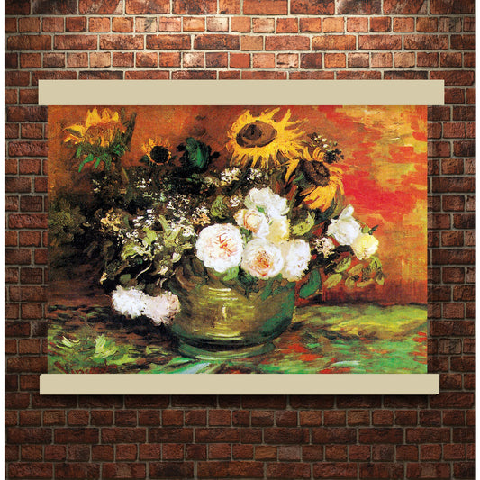 Bowl With Sunflowers Roses And Other Flowers (1886) by Vincent van Gogh | Hanging Canvas Art | Choice of Board Colors
