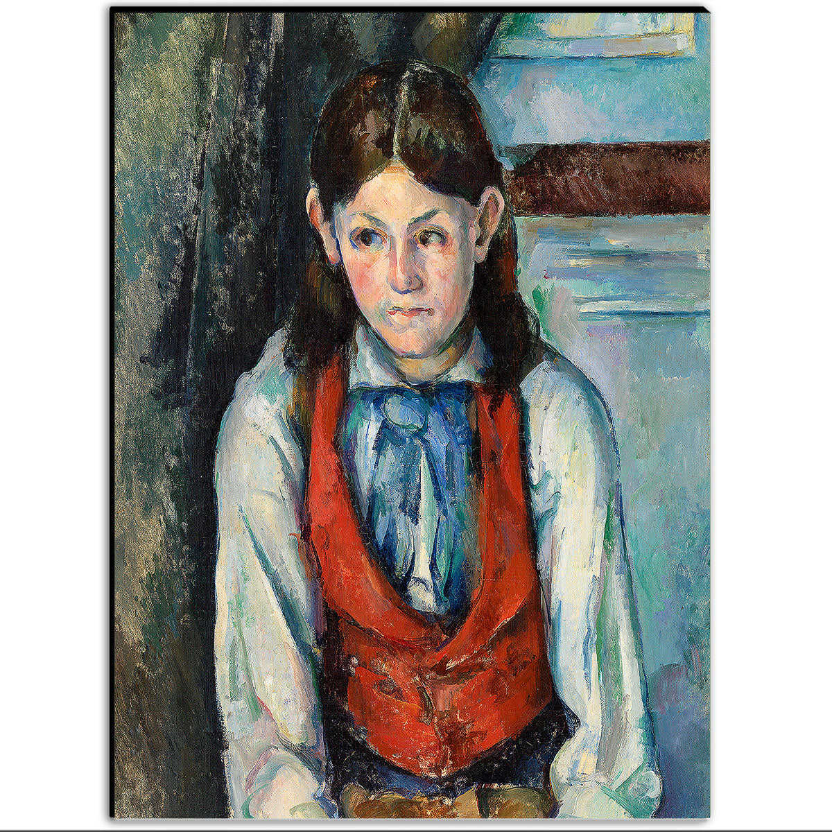 A framed print of 'Boy in a Red Vest' by Paul Cezanne, showing a young boy with a red vest against a muted background.
