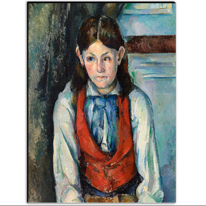 A framed print of 'Boy in a Red Vest' by Paul Cezanne, showing a young boy with a red vest against a muted background.