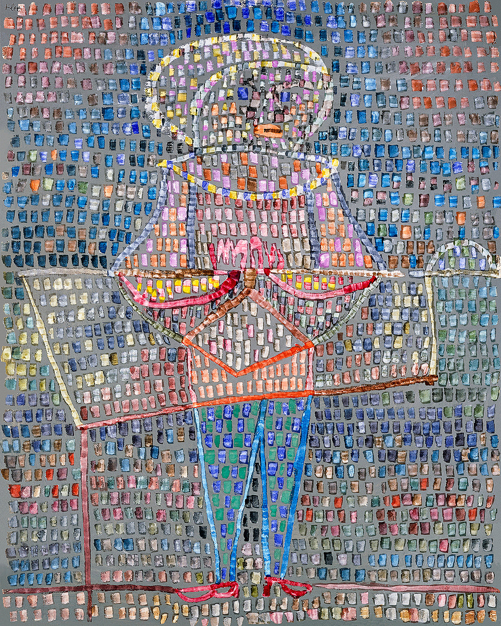 A framed print of a colorful artwork depicting a figure in a fancy dress, featuring a mosaic-like texture with a variety of colors.