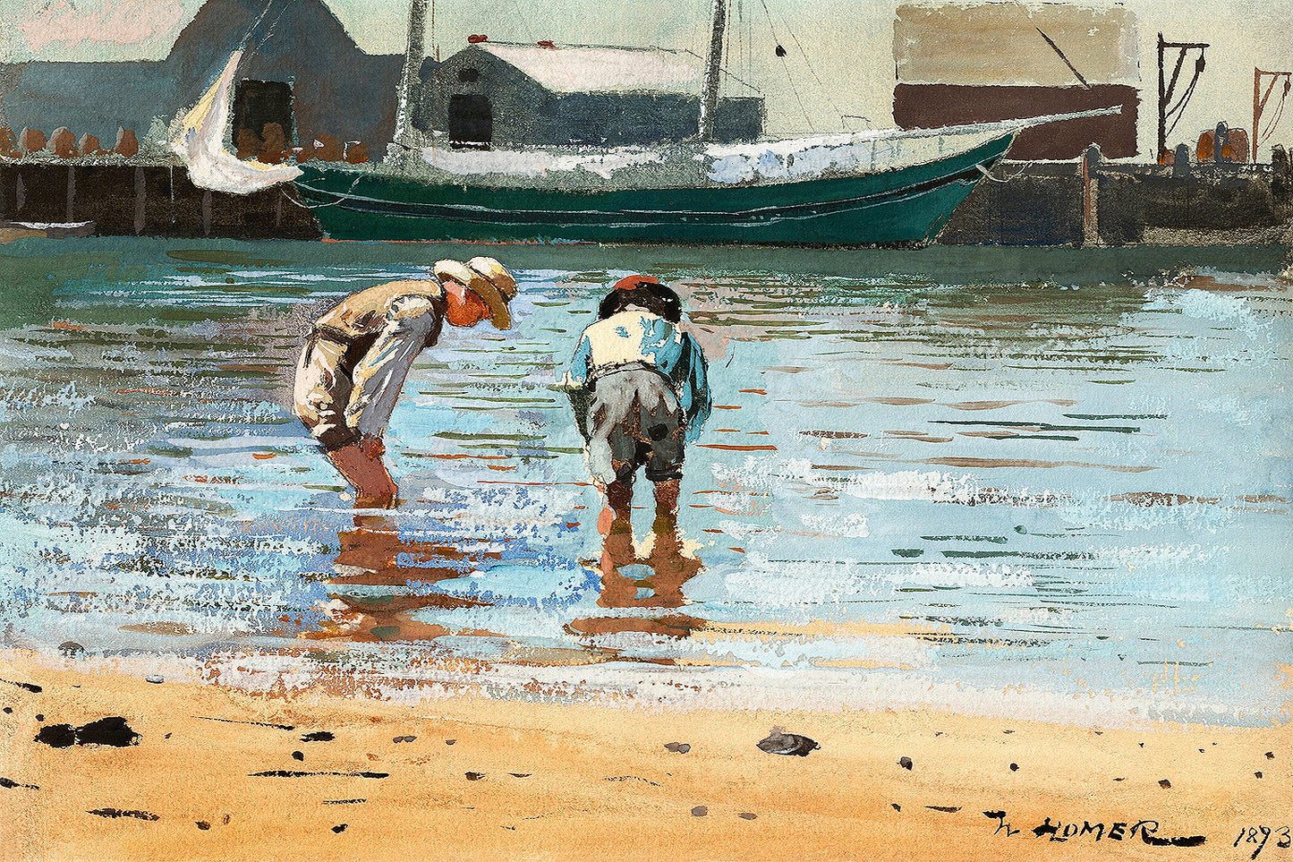 A framed print depicting two boys wading in water with boats in the background, offered in various customization options such as different colored borders or mounting styles.