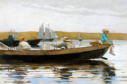 A framed print depicting a historical painting with people on a boat in a calm water setting with sailboats in the background.