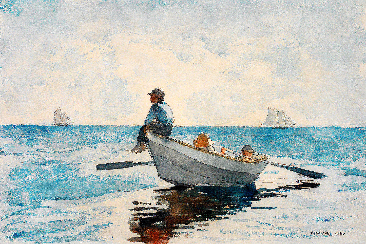 A framed print depicting a painting with two adults and two children in a rowboat on a calm body of water, with sailboats in the distance.