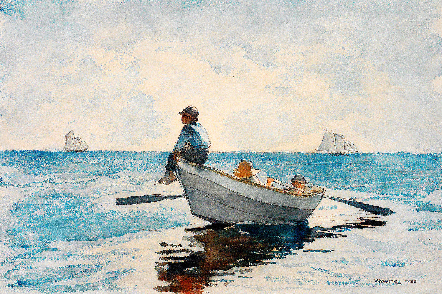 A framed print depicting a painting with two adults and two children in a rowboat on a calm body of water, with sailboats in the distance.