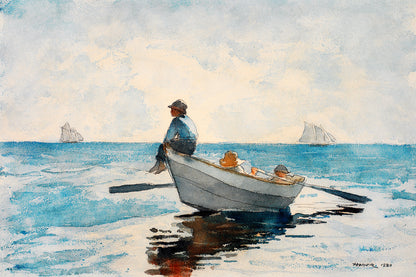A framed print depicting a painting with two adults and two children in a rowboat on a calm body of water, with sailboats in the distance.