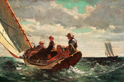 A framed print depicting a historical painting with two sailboats on an choppy ocean, with the mainsail of one boat filled with wind.