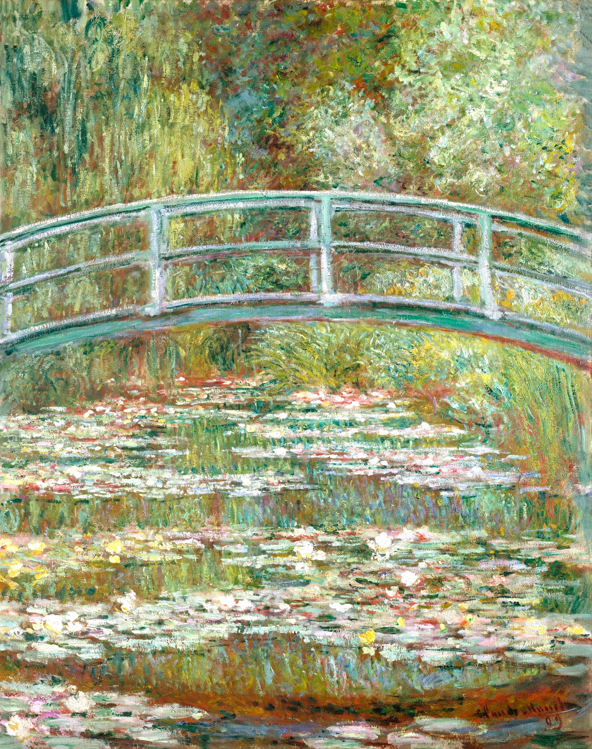 A framed print of 'Bridge over a Pond of Water Lilies' by Claude Monet, depicting a bridge over a pond with surrounding greenery.