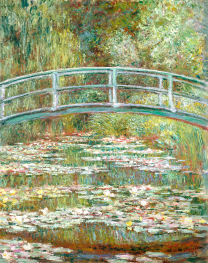 A framed print of 'Bridge over a Pond of Water Lilies' by Claude Monet, depicting a bridge over a pond with surrounding greenery.