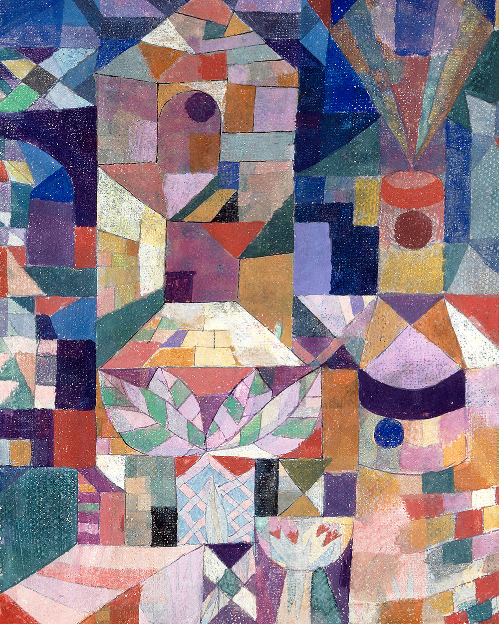 A framed print of 'Burggarten (1919)' by Paul Klee, featuring a colorful abstract composition with geometric shapes.