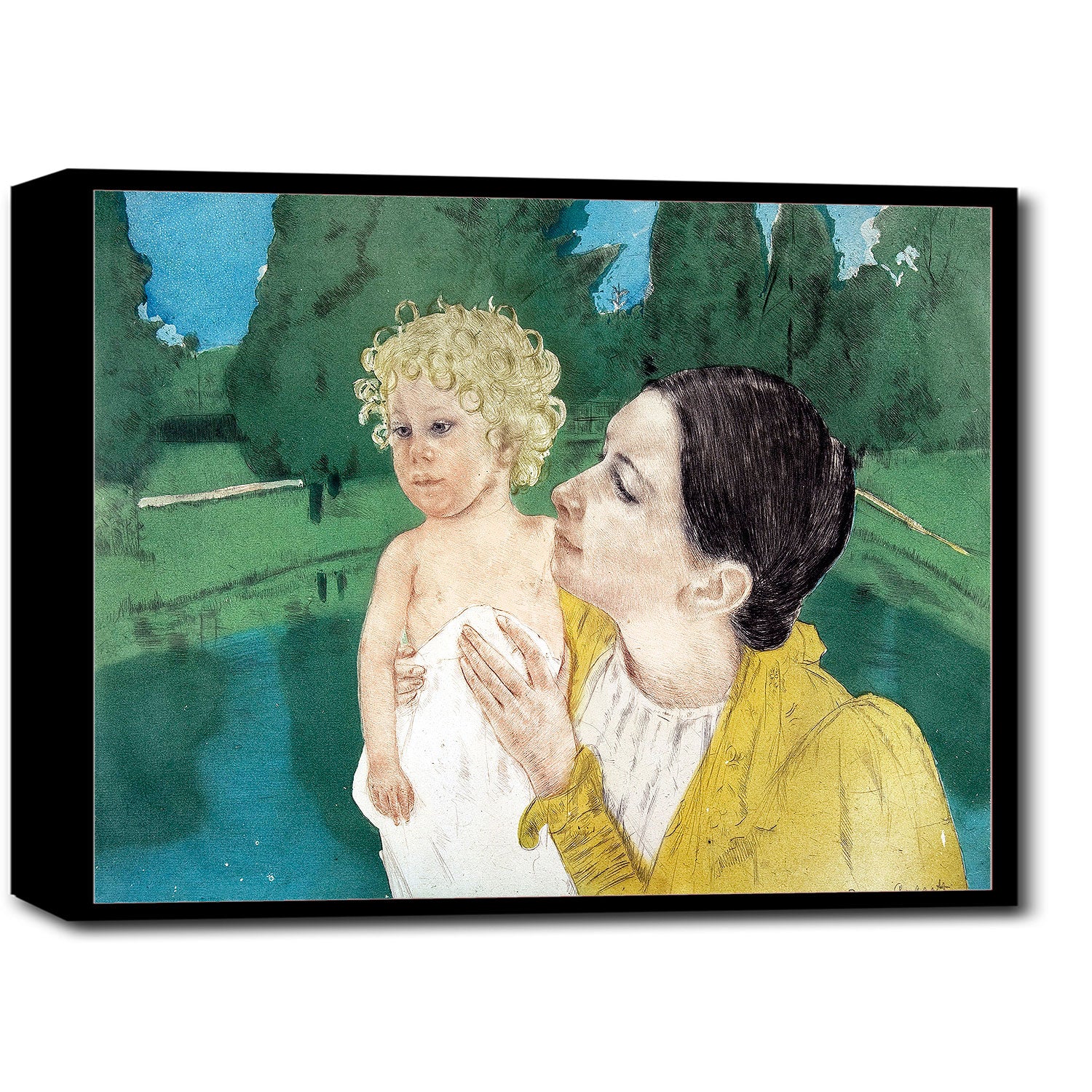 A framed painting featuring a woman with a child, titled 'By the Pond' by Mary Cassatt. The image depicts the subject in a landscape setting with trees in the background.