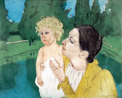 A framed painting featuring a woman with a child, titled 'By the Pond' by Mary Cassatt. The image depicts the subject in a landscape setting with trees in the background.
