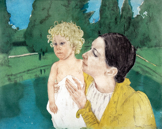 A framed painting featuring a woman with a child, titled 'By the Pond' by Mary Cassatt. The image depicts the subject in a landscape setting with trees in the background.