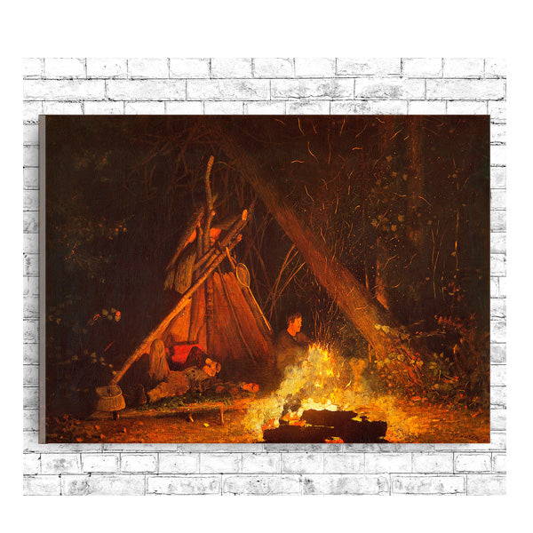 A artwork print depicting a campfire scene in a dark forest with a prominently lit tent and a figure inside.