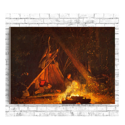 A artwork print depicting a campfire scene in a dark forest with a prominently lit tent and a figure inside.