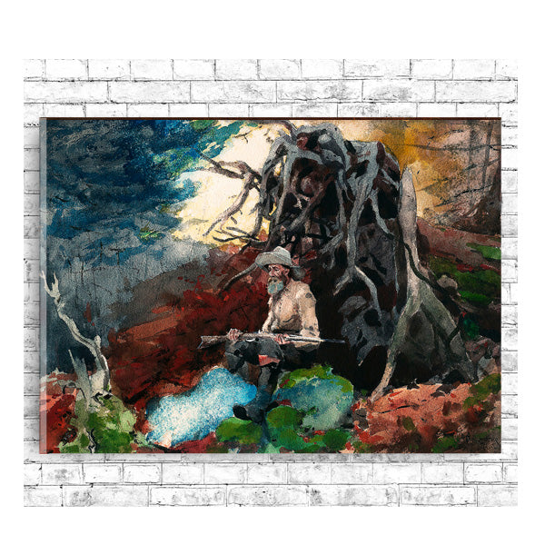 A framed print depicting a person sitting next to a campfire with a backdrop of a forest and Hanging trees, primarily in shades of red and blue.