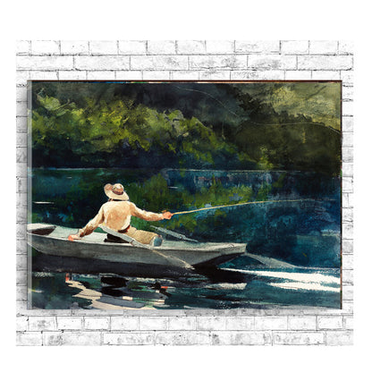 A framed print depicting a person fishing from a small boat, set against a backdrop of a body of water and trees.
