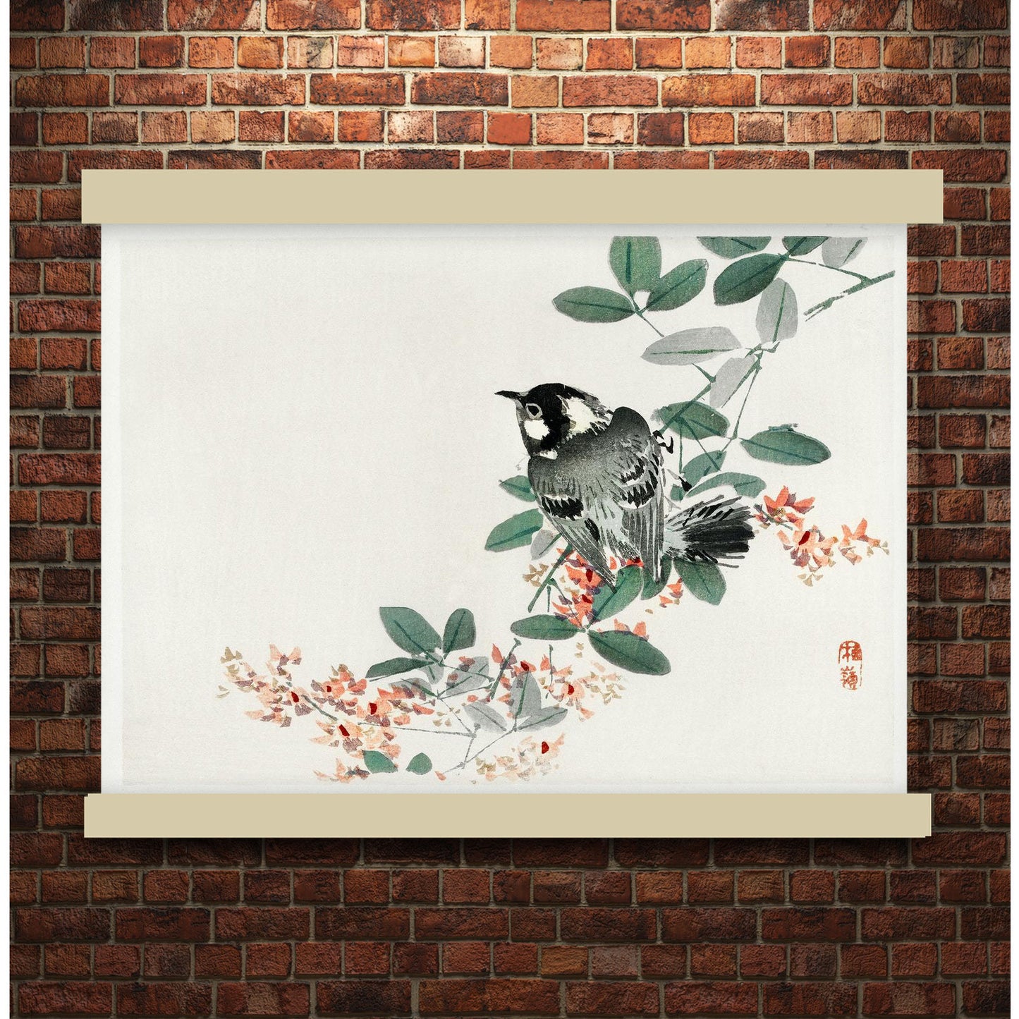 Black-capped chickadee by Kōno Bairei (1913) | Hanging Canvas Art | Choice of Board Colors