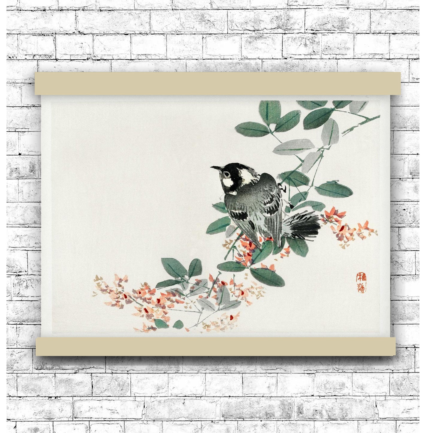 Black-capped chickadee by Kōno Bairei (1913) | Hanging Canvas Art | Choice of Board Colors