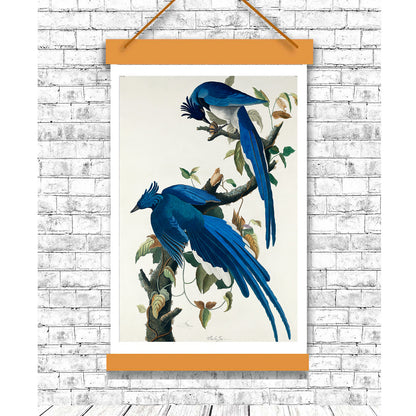 A printed art piece featuring two blue birds perched on branches with leaves, framed in a simple black frame.