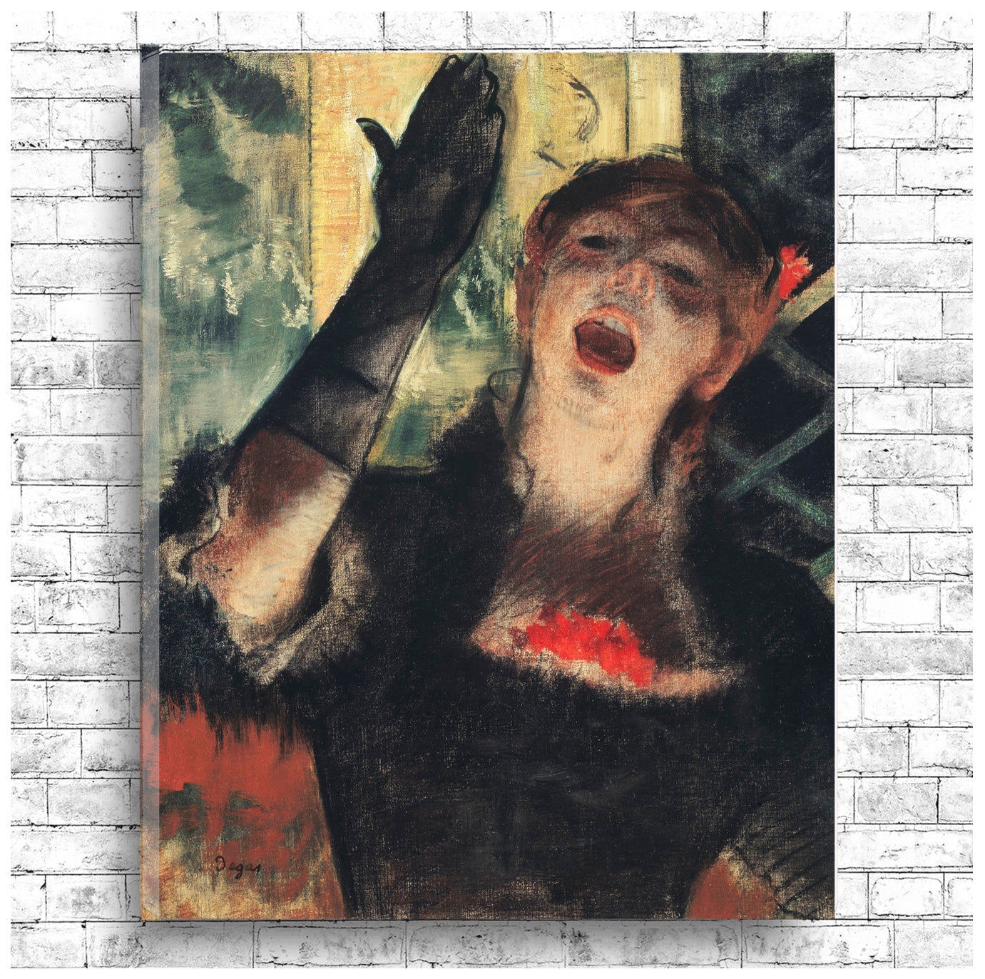 A framed print of 'Cafe Singer' by Edgar Degas, depicting a woman in black with a red scarf singing into a microphone.