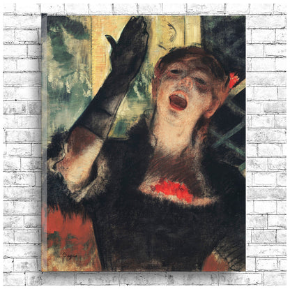 A framed print of 'Cafe Singer' by Edgar Degas, depicting a woman in black with a red scarf singing into a microphone.