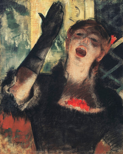 A framed print of 'Cafe Singer' by Edgar Degas, depicting a woman in black with a red scarf singing into a microphone.
