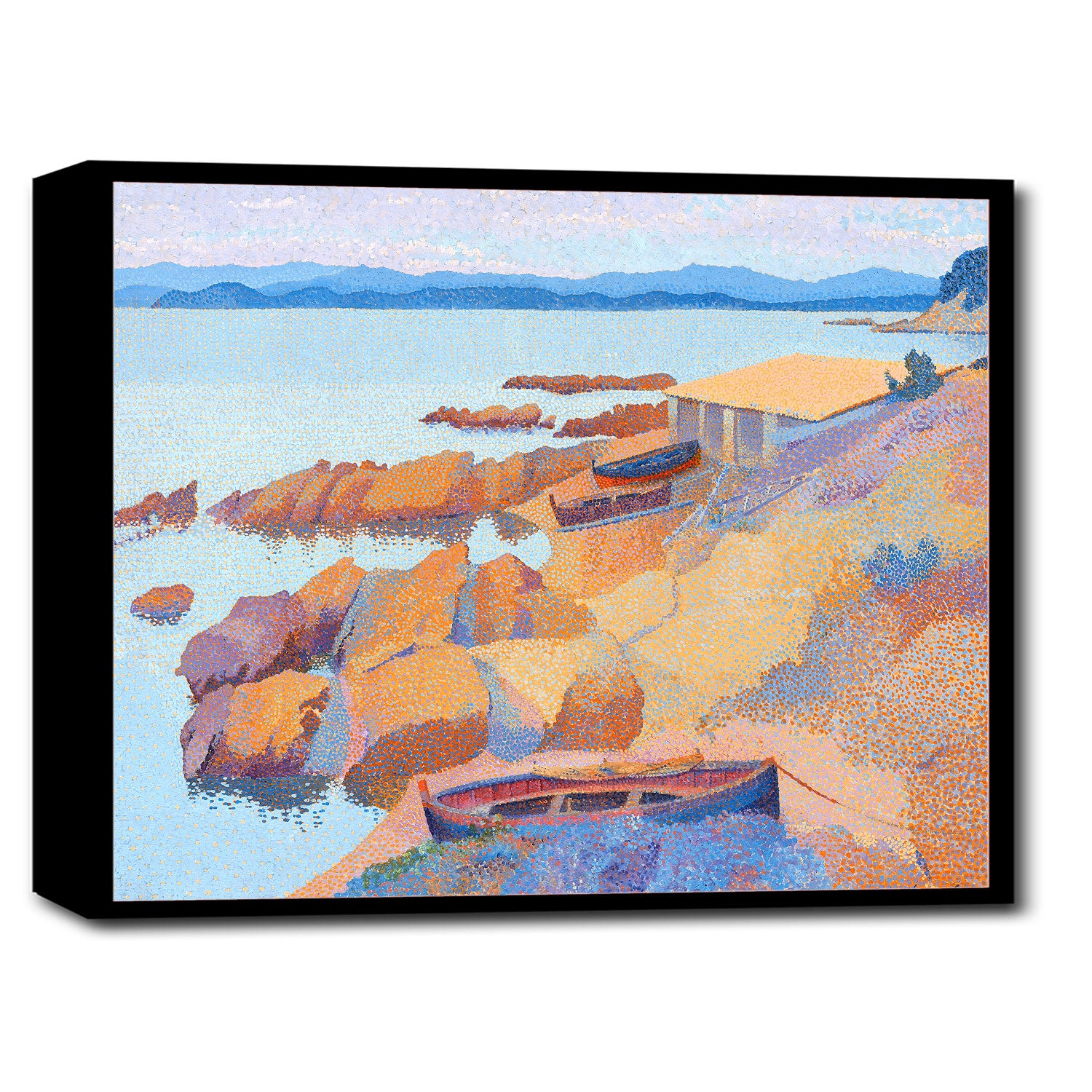 A framed art print depicting a coastal landscape with boats and rocky terrain, rendered in Impressionist style with vibrant colors.