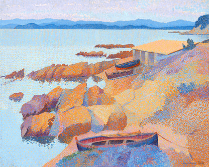 A framed art print depicting a coastal landscape with boats and rocky terrain, rendered in Impressionist style with vibrant colors.