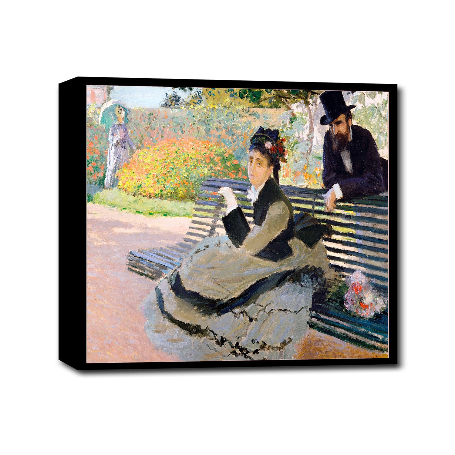 A printed art piece featuring a woman seated on a garden bench with a man standing beside her, dressed in Impressionistic attire, set against a blurred background of a garden.