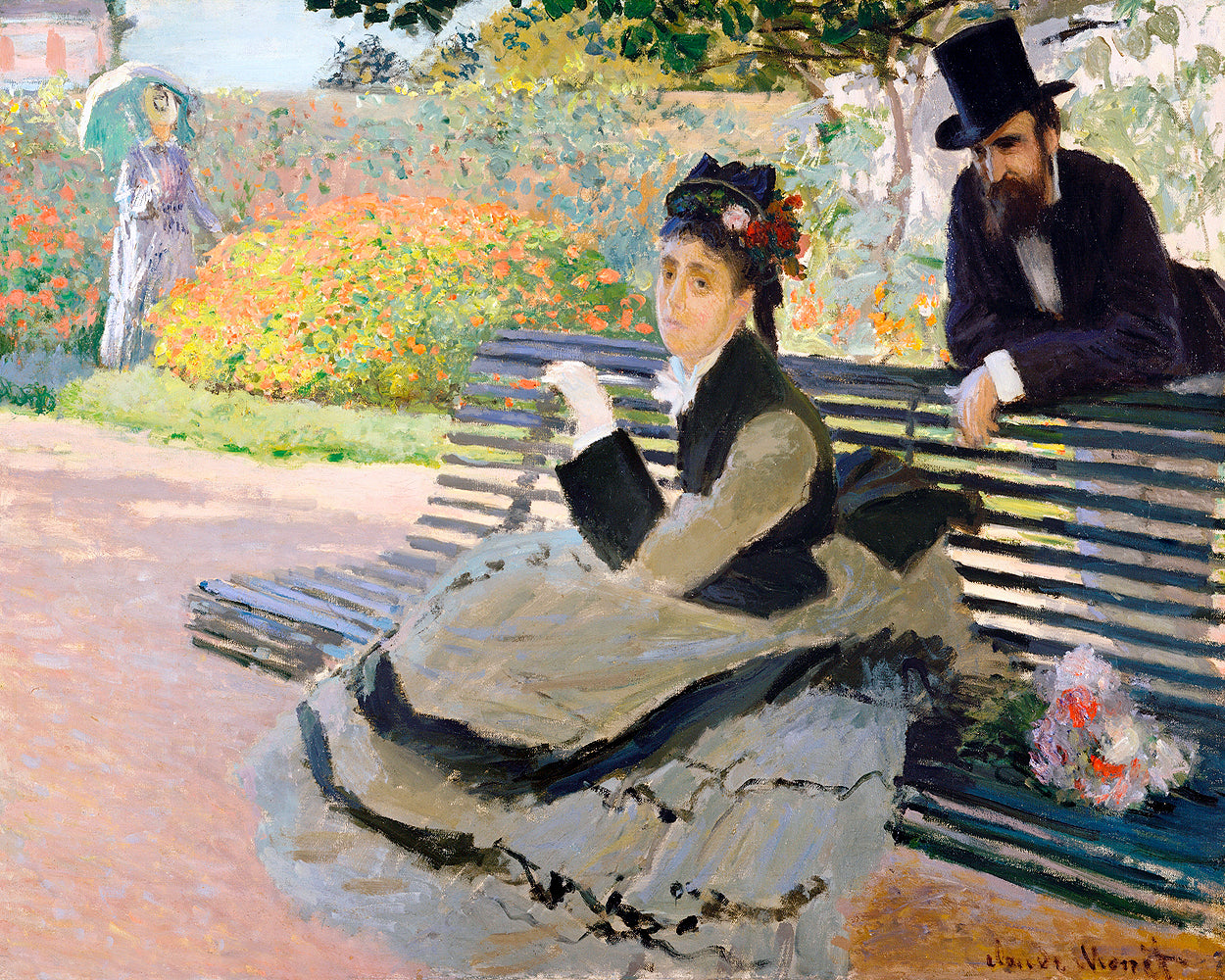 A printed art piece featuring a woman seated on a garden bench with a man standing beside her, dressed in Impressionistic attire, set against a blurred background of a garden.