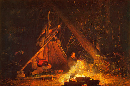 A artwork print depicting a campfire scene in a dark forest with a prominently lit tent and a figure inside.