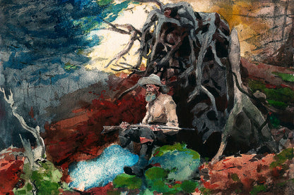 A framed print depicting a person sitting next to a campfire with a backdrop of a forest and Hanging trees, primarily in shades of red and blue.