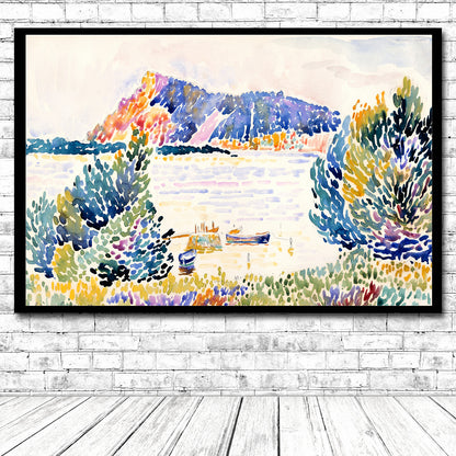 A framed print of a colorful landscape painting featuring a vivid depiction of trees, hills, and a body of water with a boat.