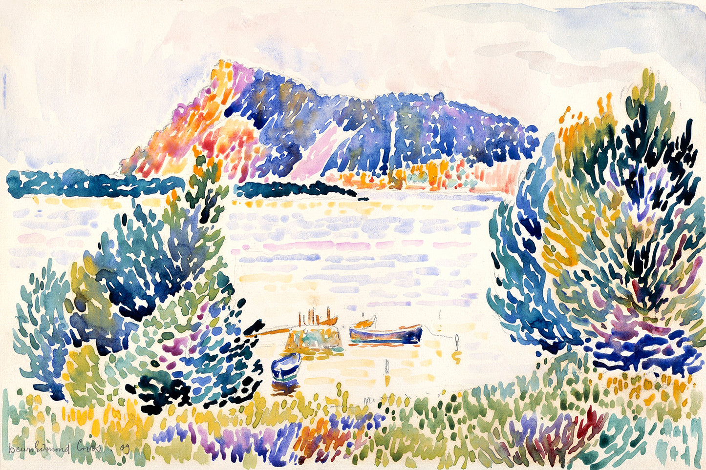A framed print of a colorful landscape painting featuring a vivid depiction of trees, hills, and a body of water with a boat.