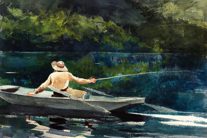 A framed print depicting a person fishing from a small boat, set against a backdrop of a body of water and trees.