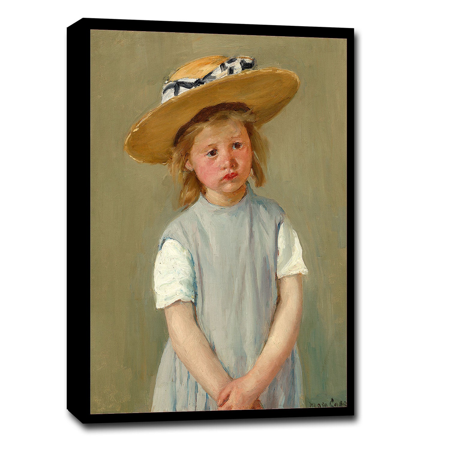 A framed portrait painting of a child in a straw hat, with a plain black border.