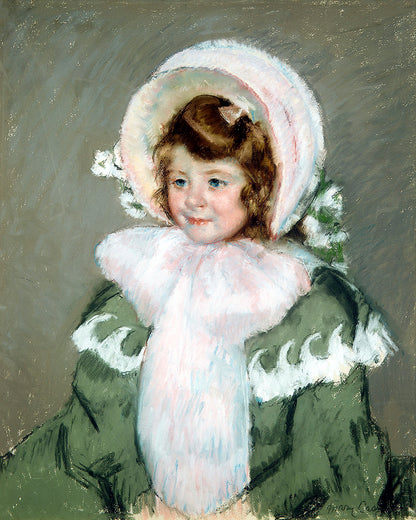A framed portrait painting of a child in a green coat with white accents, featuring a simple gray background.